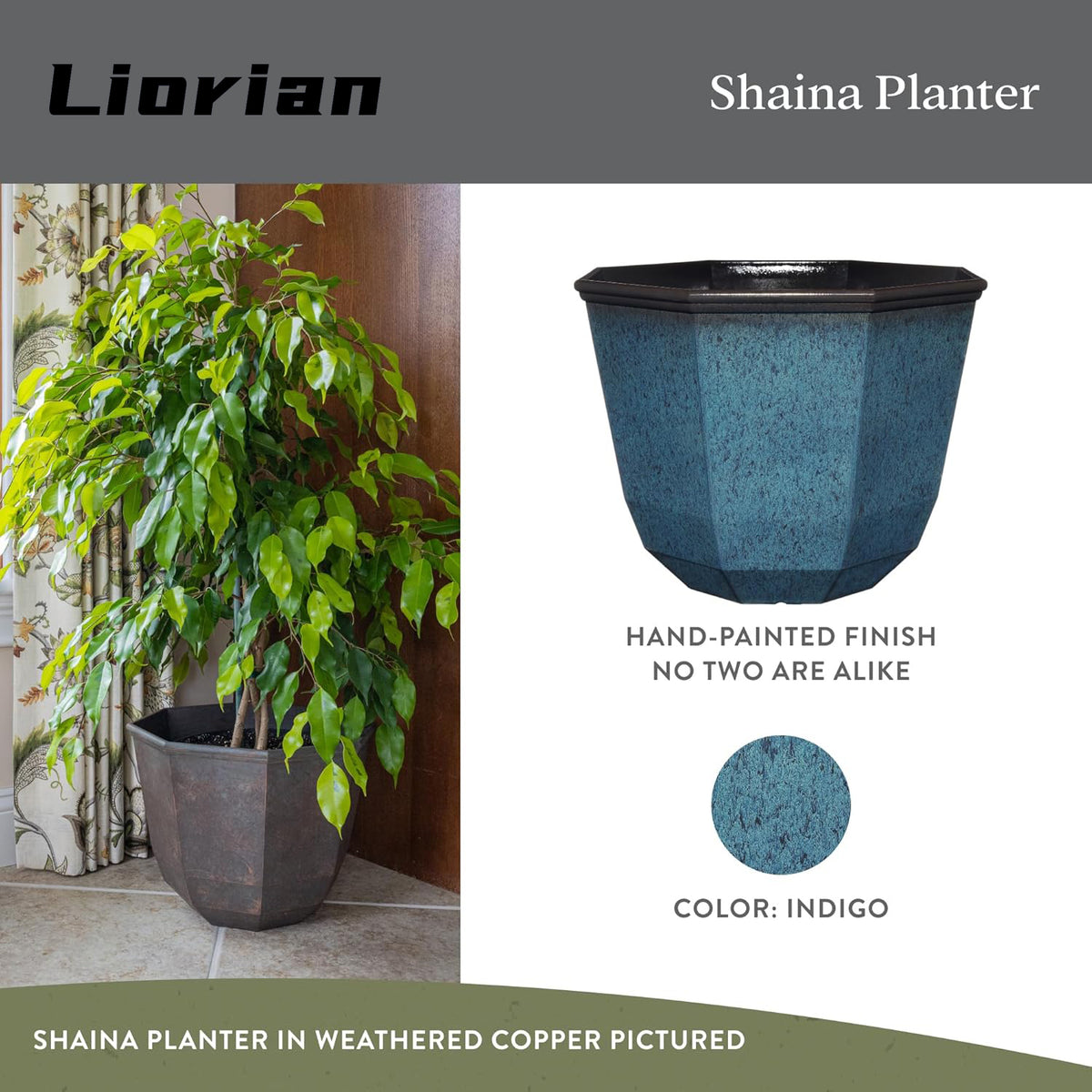 Classic Home and Garden Liorian Planting Pots - Lightweight Indoor & Outdoor Plant Pots - UV-Resistant Resin Flower Pots - Pot Planters for Flowers & Herbs (15” Indigo)