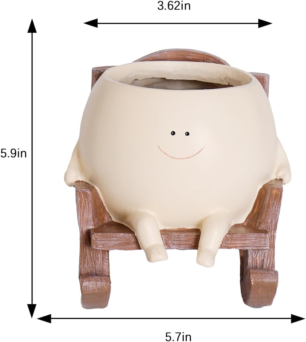 Smily Face Planter Pot Cute Resin Flower Head Planters for Indoor Outdoor Unique Sit Rocking Chair Succulent Pots Father Mother Gift and Appreciation Christmas with Drainage Hole (Large)