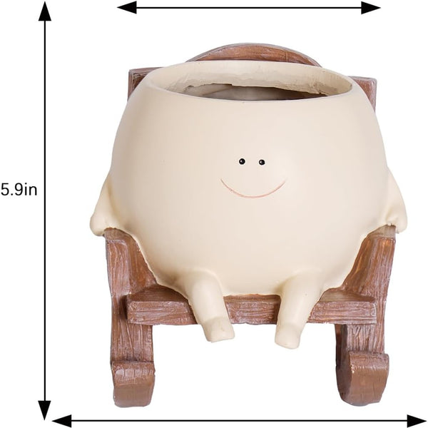 Smily Face Planter Pot Cute Resin Flower Head Planters for Indoor Outdoor Unique Sit Rocking Chair Succulent Pots Father Mother Gift and Appreciation Christmas with Drainage Hole (Large)