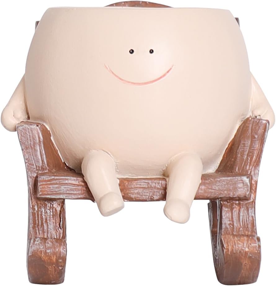 Smily Face Planter Pot Cute Resin Flower Head Planters for Indoor Outdoor Unique Sit Rocking Chair Succulent Pots Father Mother Gift and Appreciation Christmas with Drainage Hole (Large)
