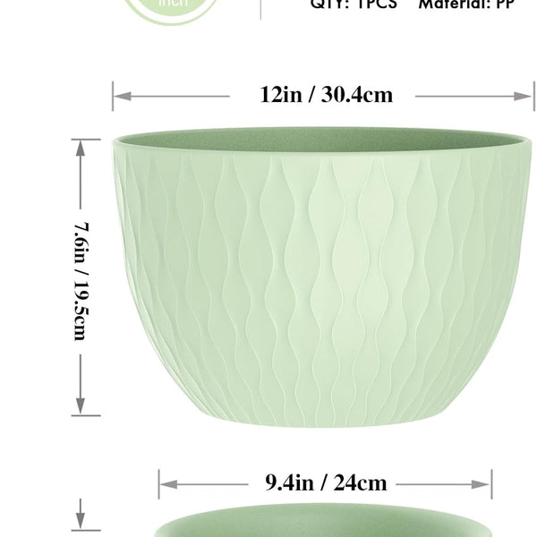 Liorian 12 Inch Large Plant Pots for Indoor or Outdoor Plants, Wide Water Ripples Flower Pots with Drainage Holes & Saucer, Plastic Planters Set for Garden & Home Decor (Green)