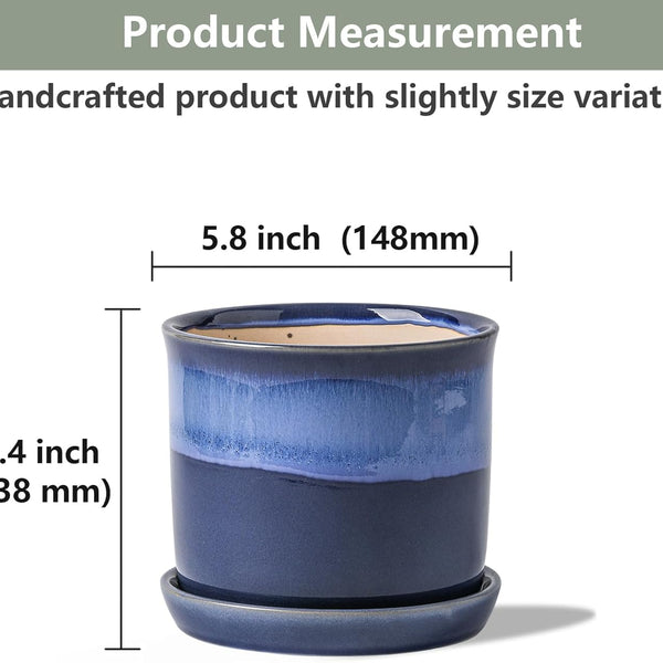 Liorian 5.8 Inch Plant Pot: Ceramic Planter with Drainage Hole & Saucer - Gradient Blue Flowerpot for Indoor & Outdoor Plants with Separate Tray