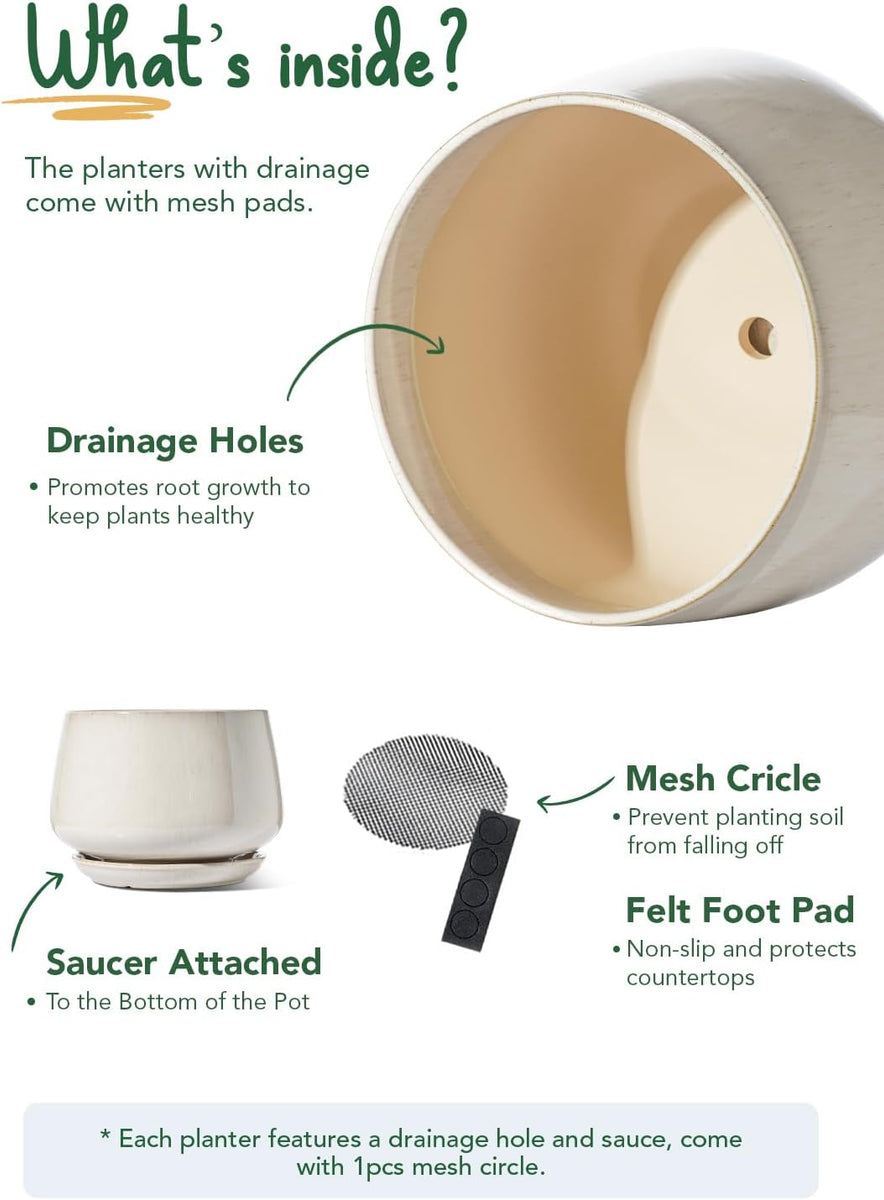 Liorian Ceramic Planter, 10 Inch Plant Pot with Drainage Hole & Saucer – Durable Indoor Planter for Modern Home Decor, Reactive Glaze Beige