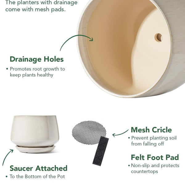 Liorian Ceramic Planter, 10 Inch Plant Pot with Drainage Hole & Saucer – Durable Indoor Planter for Modern Home Decor, Reactive Glaze Beige