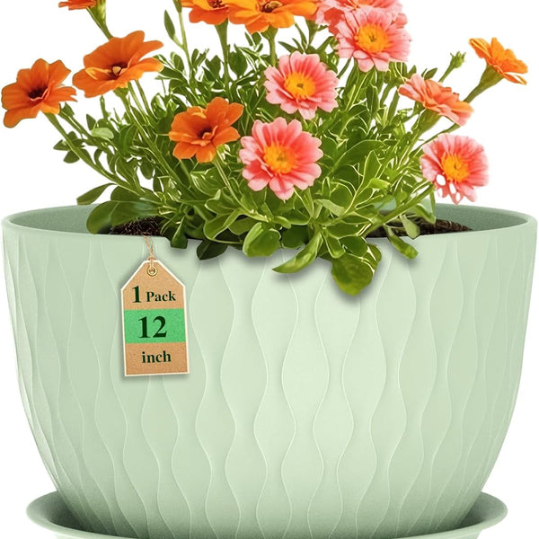 Liorian 12 Inch Large Plant Pots for Indoor or Outdoor Plants, Wide Water Ripples Flower Pots with Drainage Holes & Saucer, Plastic Planters Set for Garden & Home Decor (Green)