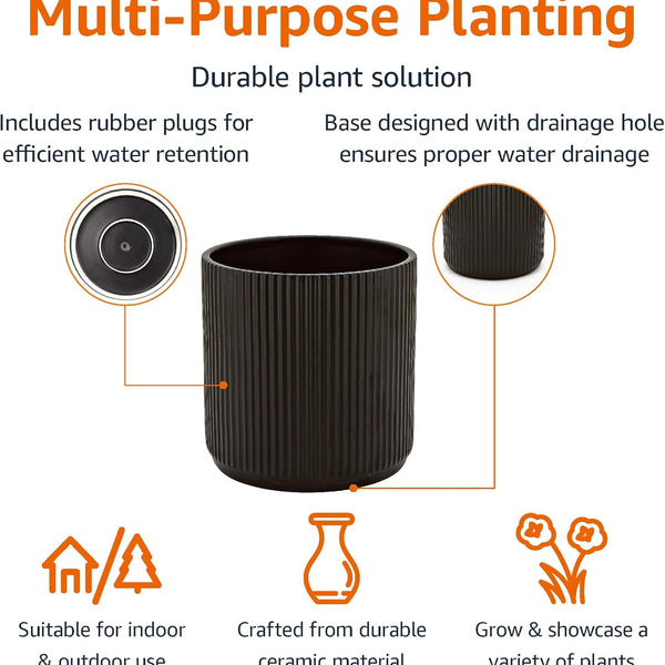 Liorian Basics Fluted Round Ceramic Planter, 8-inch, Black