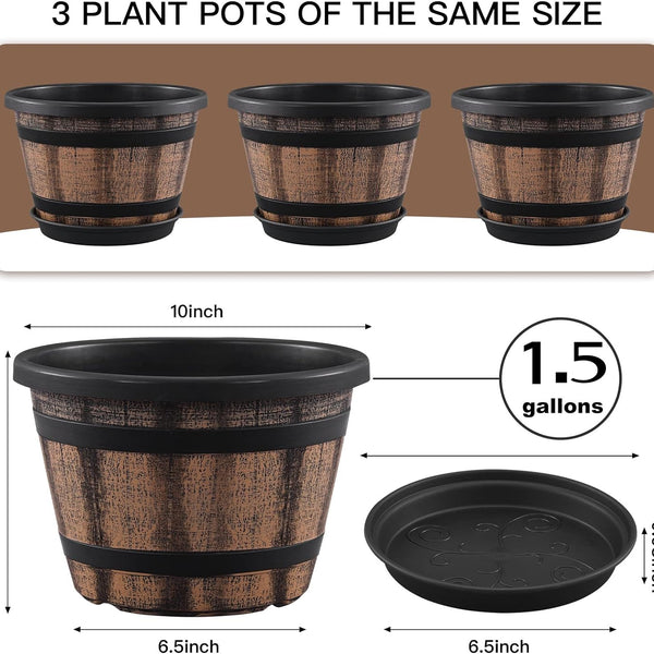 Quarut 3 Pack 10 inch Plant Pots,Whiskey Barrel Planters with Drainage Holes & Saucer, Plastic Decoration Flower Pots Imitation Wine Barrel Design, for Indoor & Outdoor Garden Home Plants (Brown)