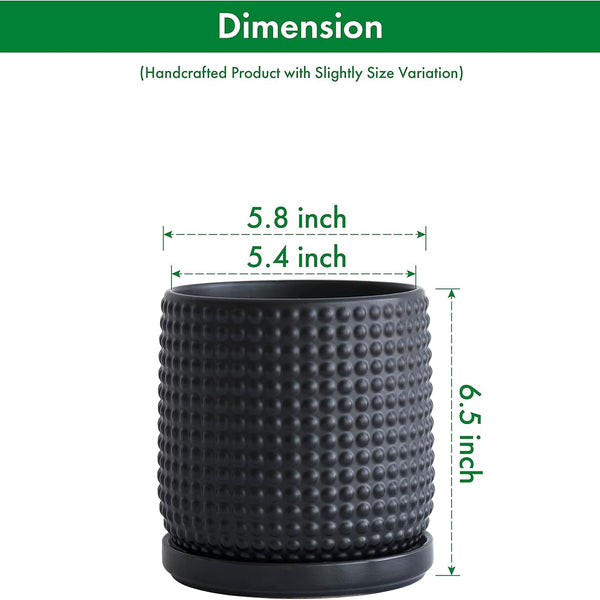 Liorian 6 Inch Ceramic Beaded Stoneware Planter Pot - Flower Pot with Drainage Holes and Saucers for Indoor Succulent Plants or Flowers, Ebony Matte, 27-C-X-6