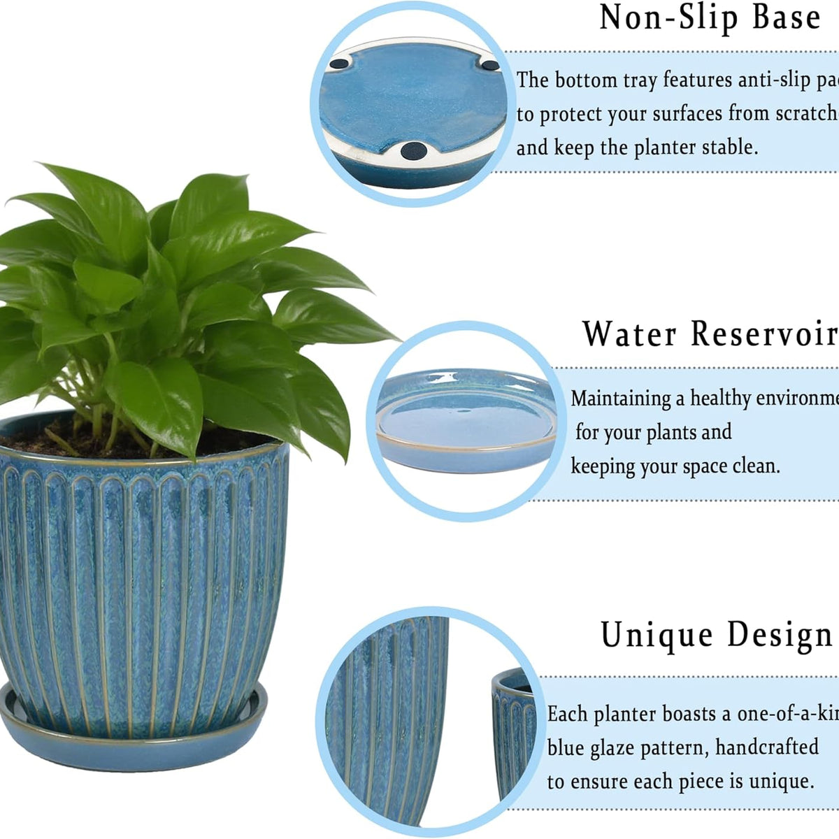 Liorian 6 Inch Glaze Blue Ceramic Plant Pots with Drain Hole & Saucer, Flower Pots for Indoor/Outdoor Plants - Succulent, Snake Plant, Money Tree, Aloe Vera, Basil Planter