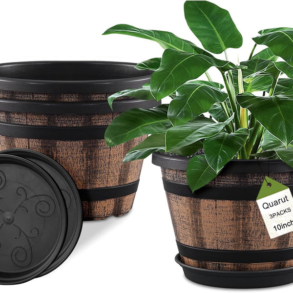Quarut 3 Pack 10 inch Plant Pots,Whiskey Barrel Planters with Drainage Holes & Saucer, Plastic Decoration Flower Pots Imitation Wine Barrel Design, for Indoor & Outdoor Garden Home Plants (Brown)