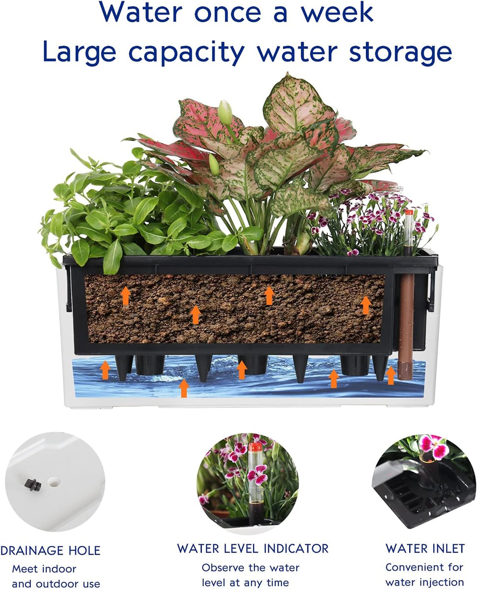 Liorian Elongated Self Watering Planter Pots Window Box 5.5 x 16 inch Indoor Home Garden Modern Decorative Planter Pot for All House Plants Flowers Herbs (White,1-Pack)