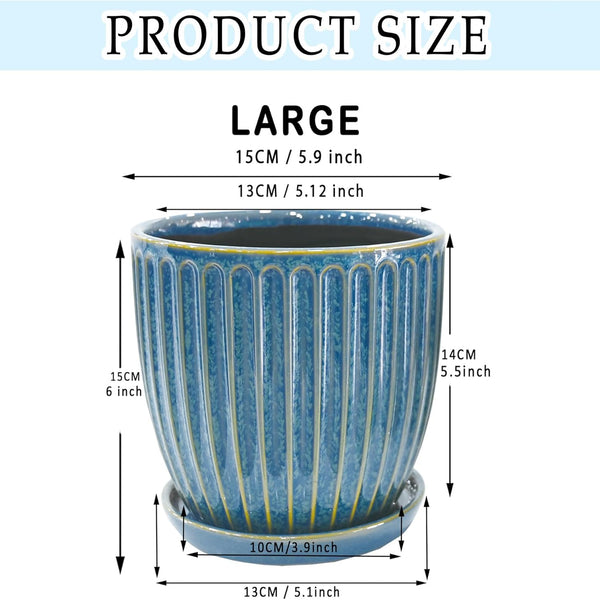 Liorian 6 Inch Glaze Blue Ceramic Plant Pots with Drain Hole & Saucer, Flower Pots for Indoor/Outdoor Plants - Succulent, Snake Plant, Money Tree, Aloe Vera, Basil Planter