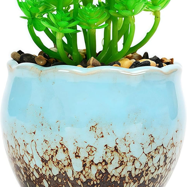Liorian Cute Circular Ceramic Home Garden Decoration Succulent Cactus Flower Pots Container with Bamboo Tray -Plant Not Included (Blue, 3.9 Inch)