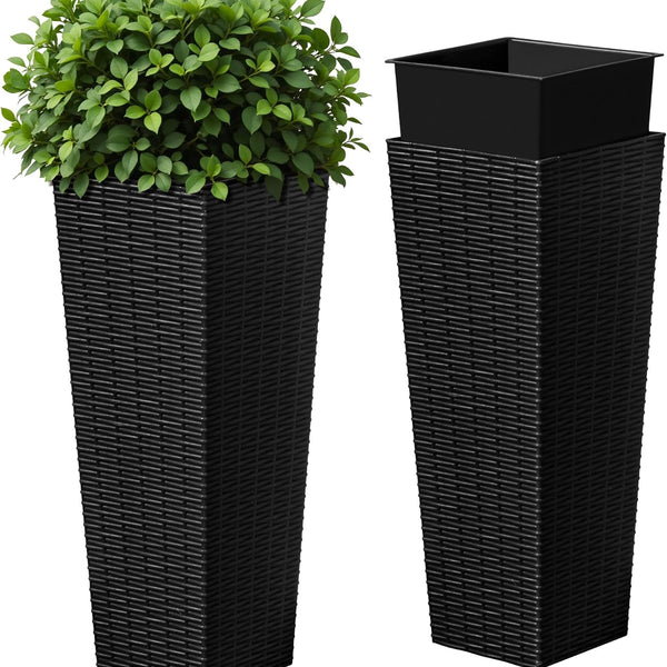 Liorian Resin Tall Planters for Outdoor Plants Set of 2, Large Taper Outdoor Planter Pots with 4 Drainage Holes, Flower Pots Modern Decor for Porch, Patio, Backyard, Home Garden (Black, 24")