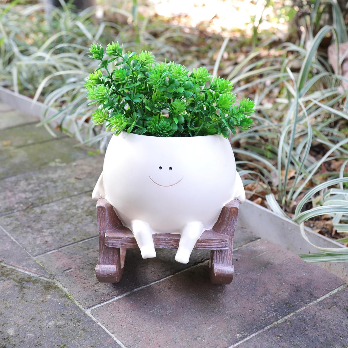 Smily Face Planter Pot Cute Resin Flower Head Planters for Indoor Outdoor Unique Sit Rocking Chair Succulent Pots Father Mother Gift and Appreciation Christmas with Drainage Hole (Large)