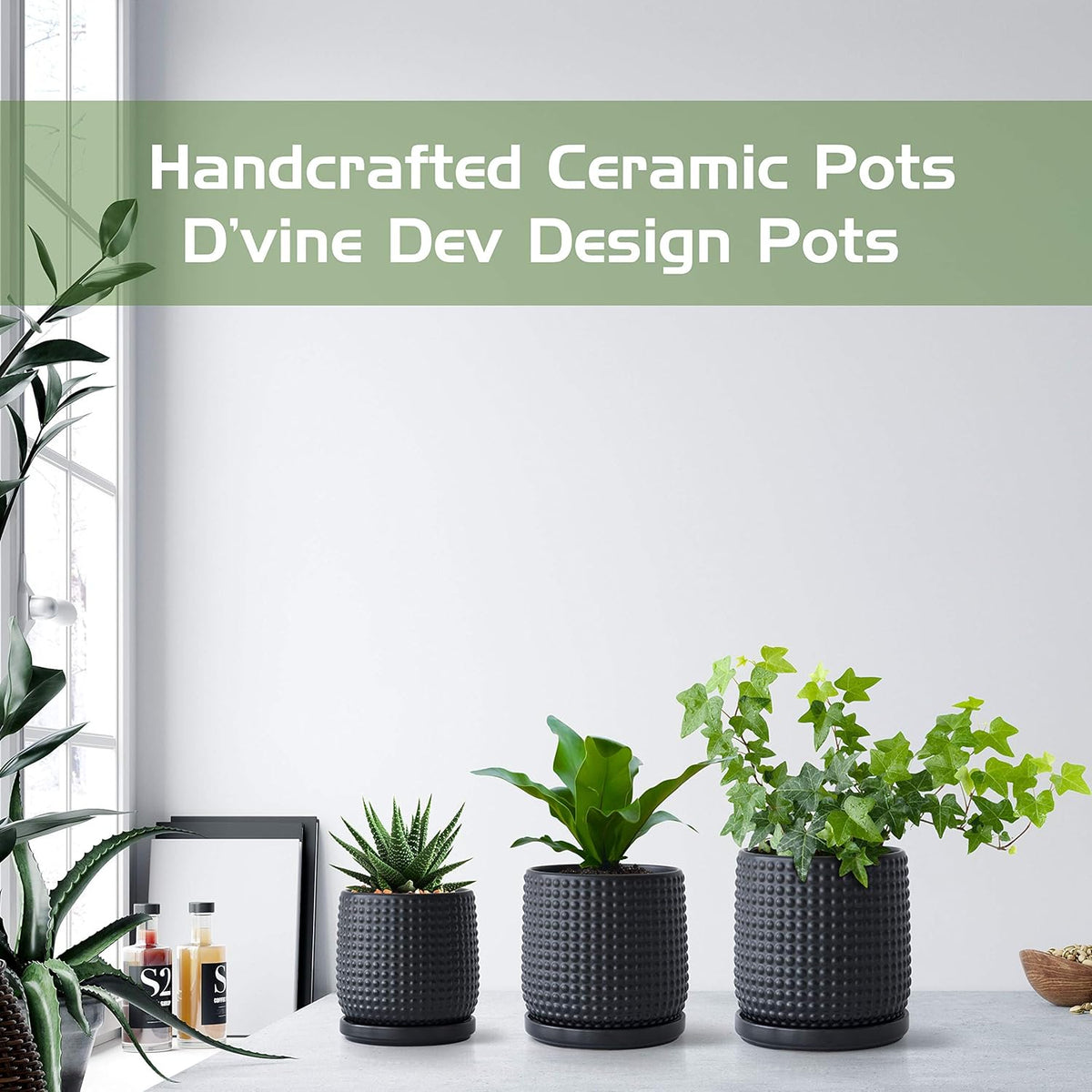 Liorian 6 Inch Ceramic Beaded Stoneware Planter Pot - Flower Pot with Drainage Holes and Saucers for Indoor Succulent Plants or Flowers, Ebony Matte, 27-C-X-6