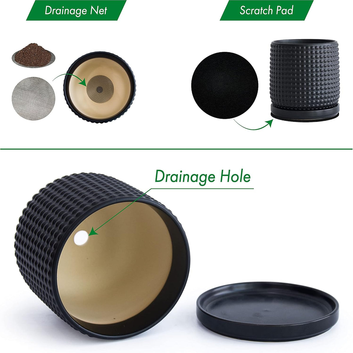 Liorian 6 Inch Ceramic Beaded Stoneware Planter Pot - Flower Pot with Drainage Holes and Saucers for Indoor Succulent Plants or Flowers, Ebony Matte, 27-C-X-6