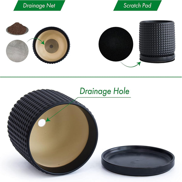 Liorian 6 Inch Ceramic Beaded Stoneware Planter Pot - Flower Pot with Drainage Holes and Saucers for Indoor Succulent Plants or Flowers, Ebony Matte, 27-C-X-6