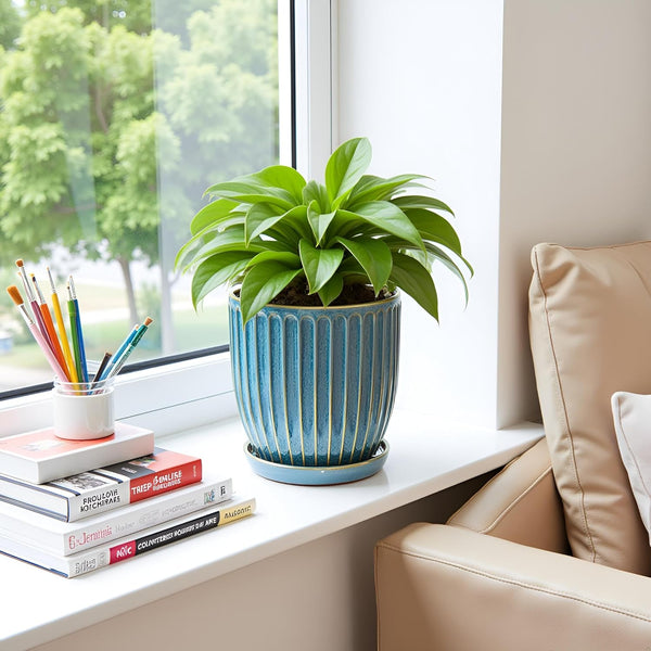 Liorian 6 Inch Glaze Blue Ceramic Plant Pots with Drain Hole & Saucer, Flower Pots for Indoor/Outdoor Plants - Succulent, Snake Plant, Money Tree, Aloe Vera, Basil Planter