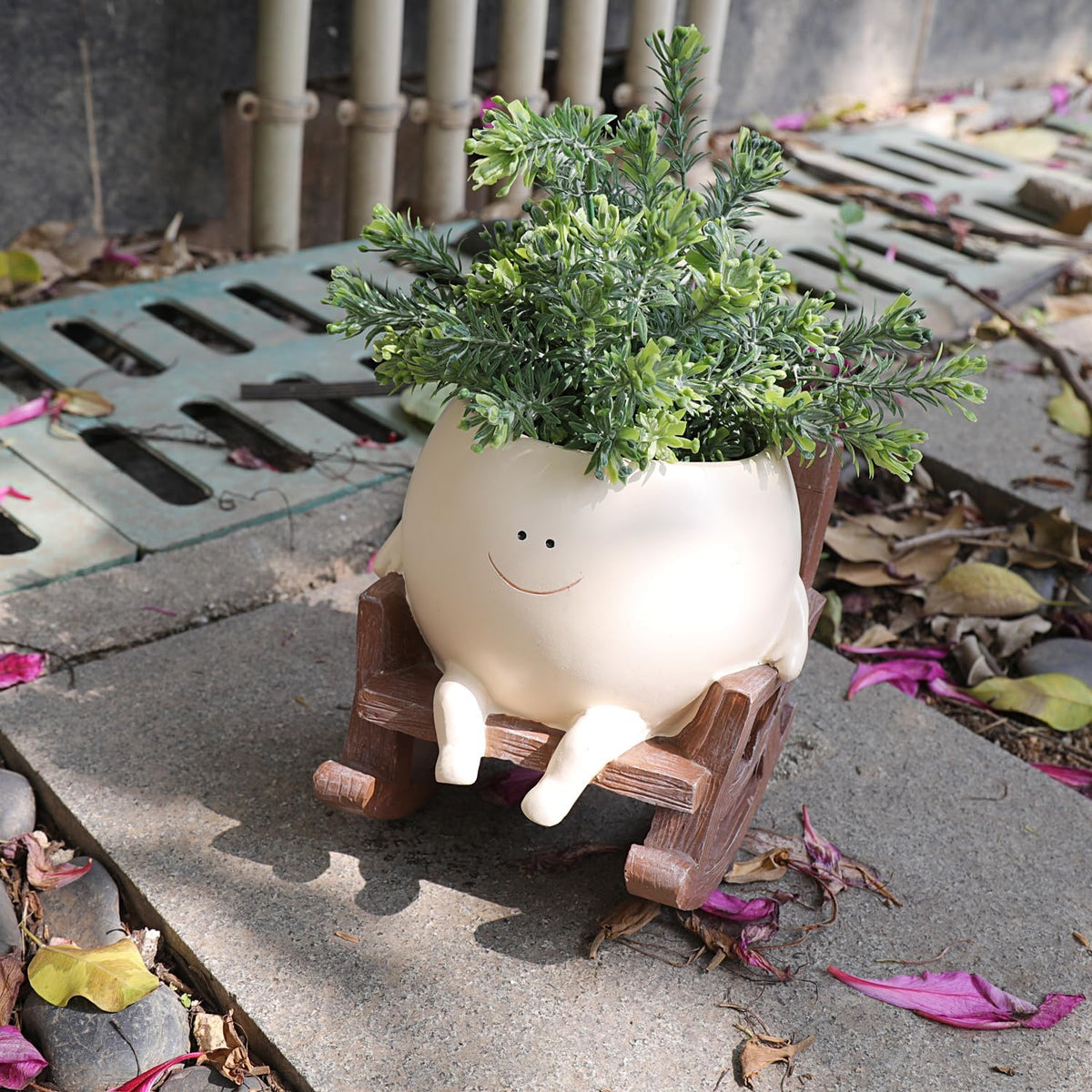 Smily Face Planter Pot Cute Resin Flower Head Planters for Indoor Outdoor Unique Sit Rocking Chair Succulent Pots Father Mother Gift and Appreciation Christmas with Drainage Hole (Large)