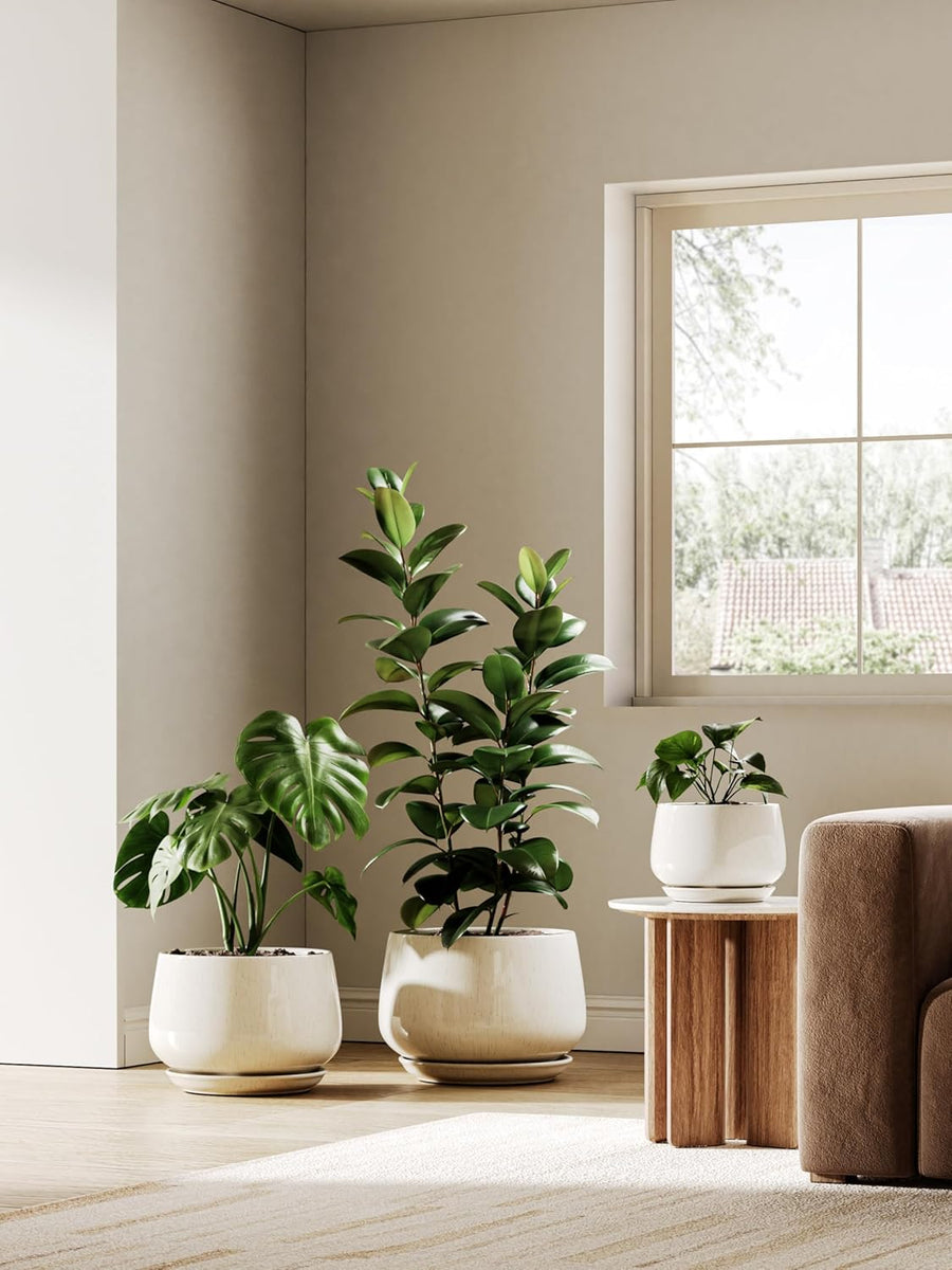 Liorian Ceramic Planter, 10 Inch Plant Pot with Drainage Hole & Saucer – Durable Indoor Planter for Modern Home Decor, Reactive Glaze Beige