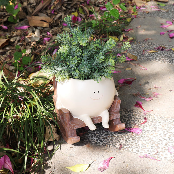 Smily Face Planter Pot Cute Resin Flower Head Planters for Indoor Outdoor Unique Sit Rocking Chair Succulent Pots Father Mother Gift and Appreciation Christmas with Drainage Hole (Large)